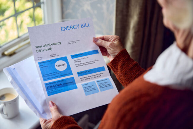 Close Up Of Senior Woman Opening UK Energy Bill Concerned About