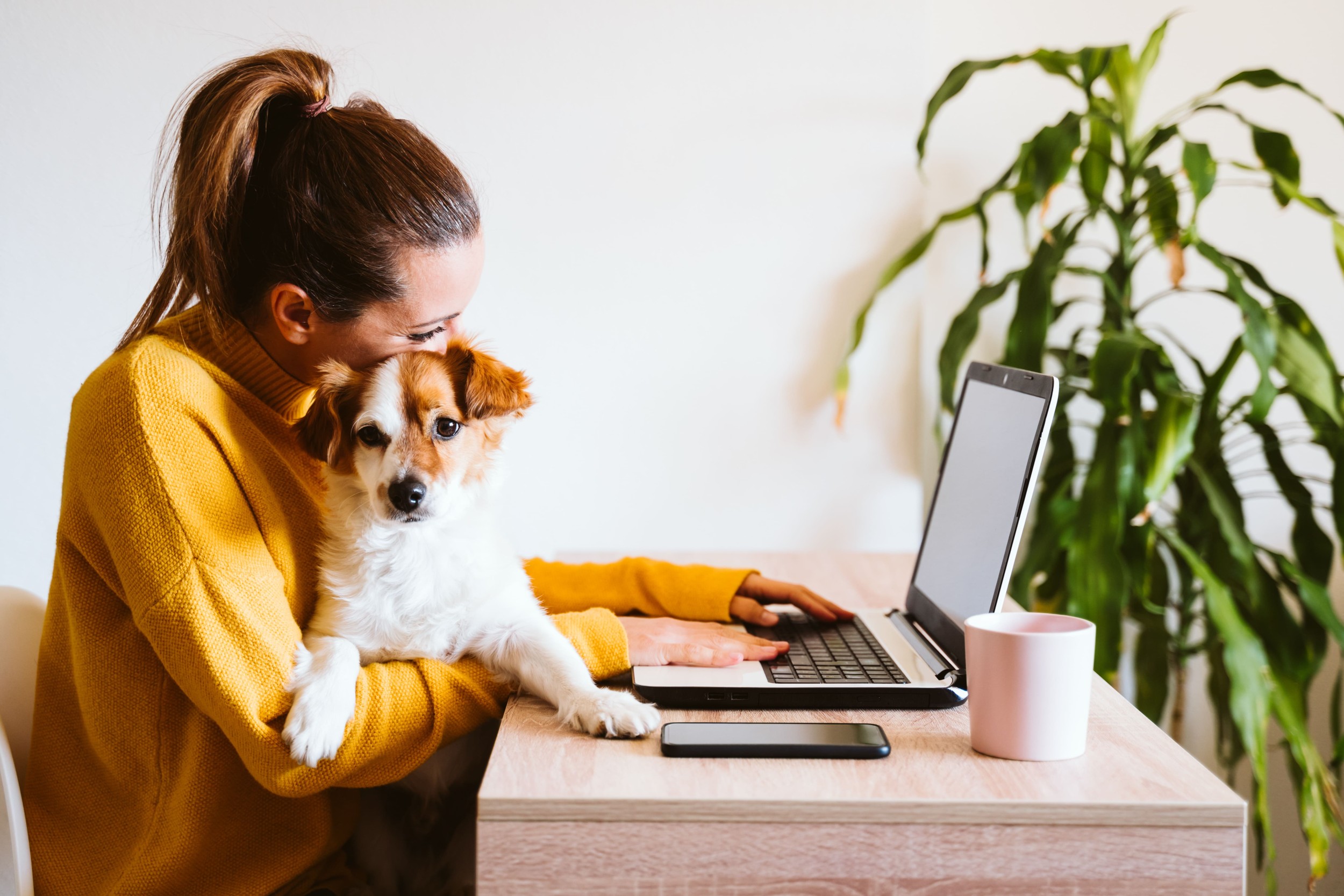 female working from home with dog